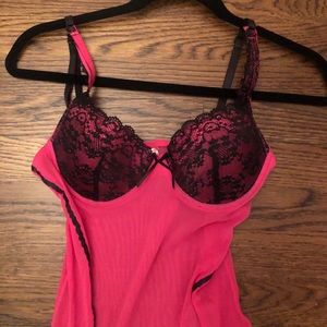 Y2K hot pink corset with black lace detail